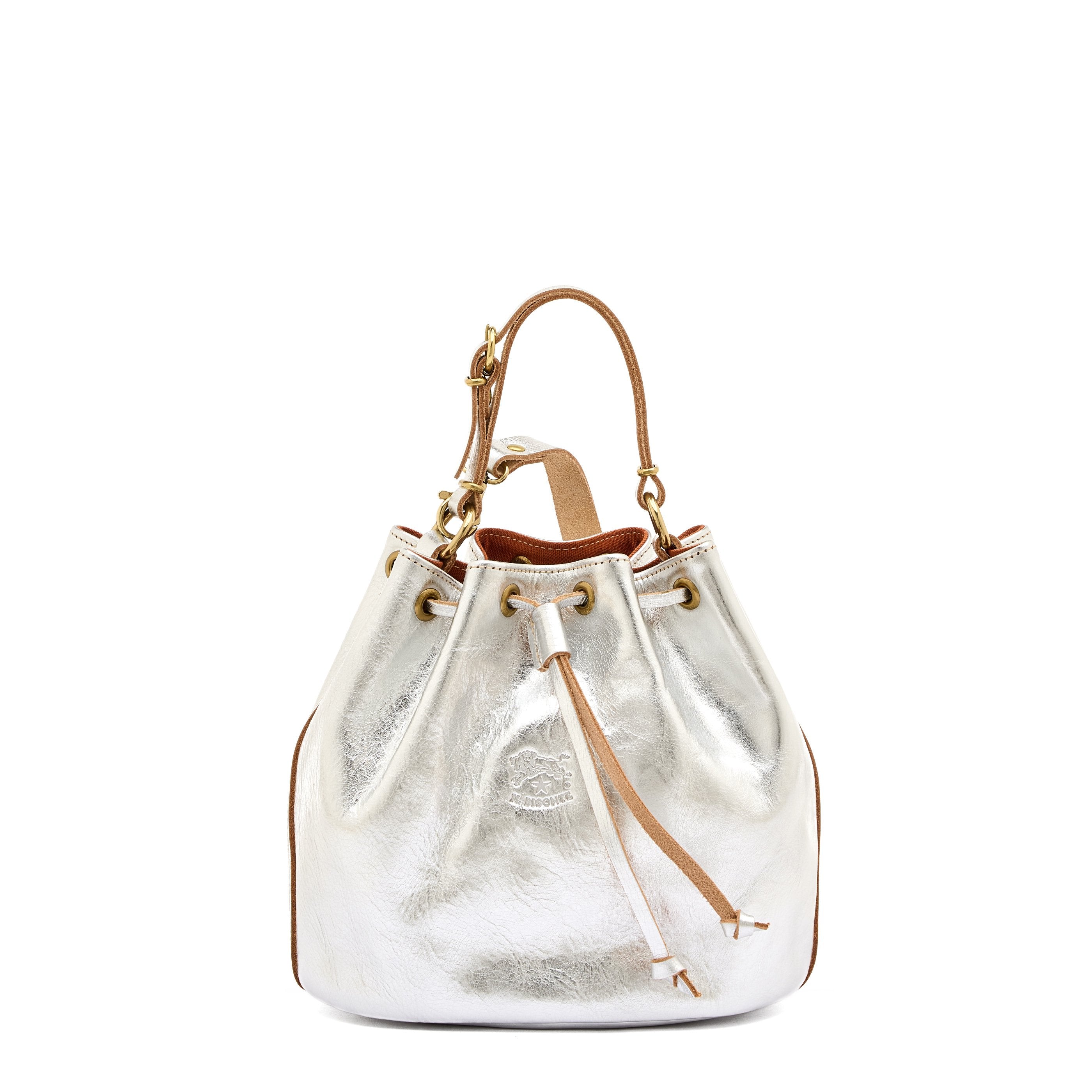 Borsa a secchiello da donna in pelle metallizzata colore argento