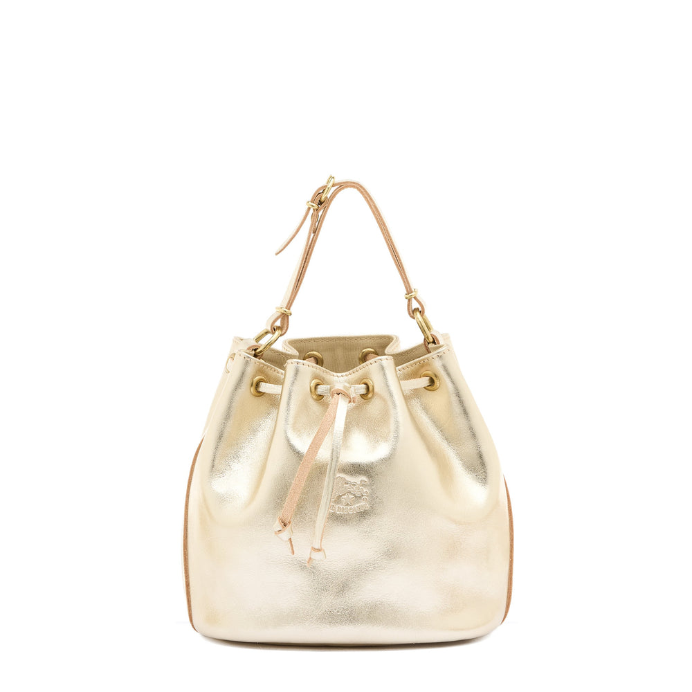 Women's bucket bag in metallic leather color metallic platinum — 
front view
 — 1 of 5