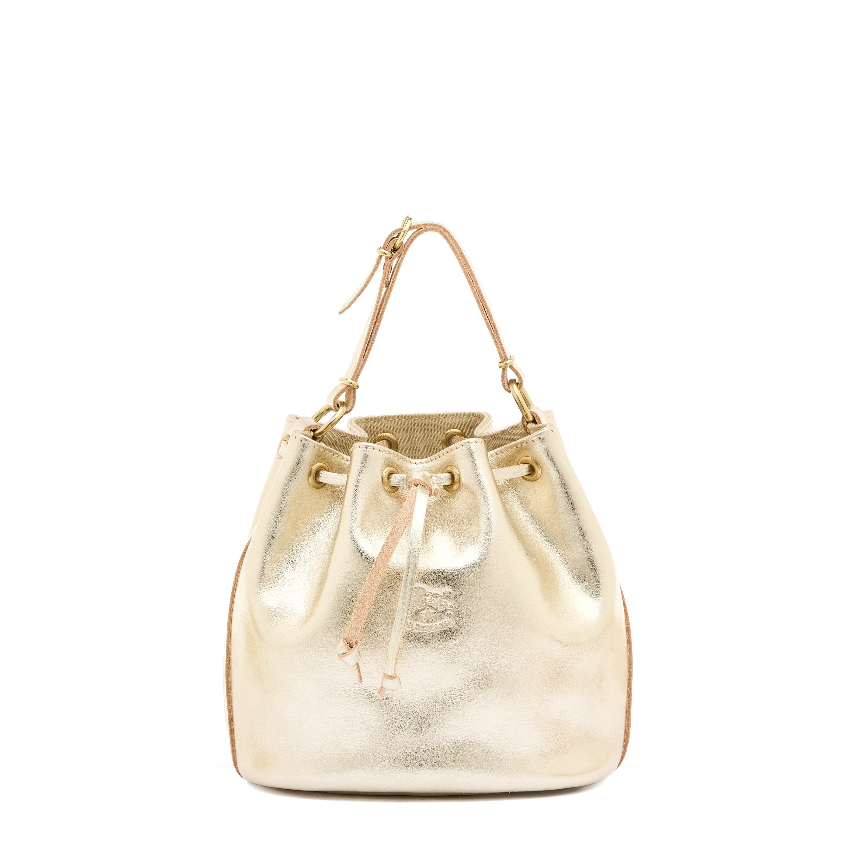 Women's bucket bag in metallic leather color metallic platinum — 
front view
 — 1 of 5