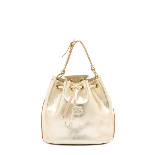 Women's bucket bag in metallic leather color metallic platinum