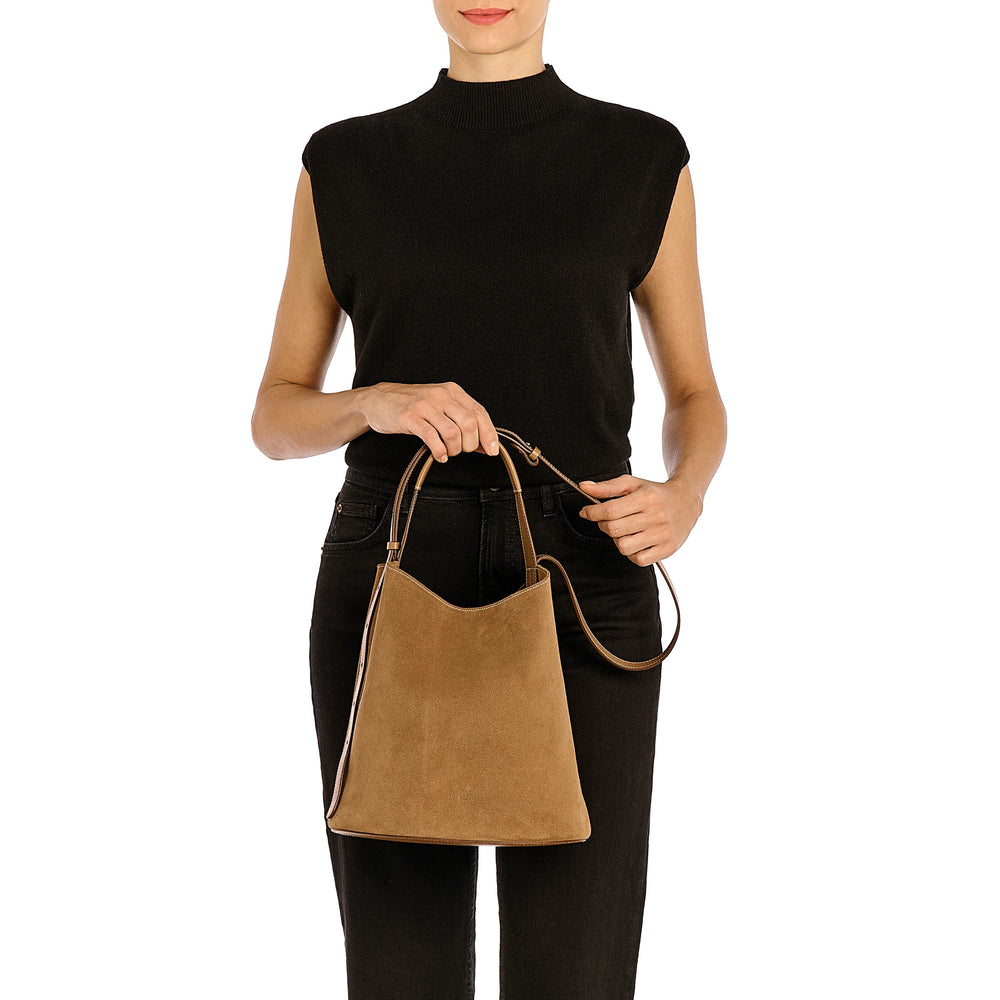 Le laudi | Borsa a secchiello da donna in suede colore gianduia