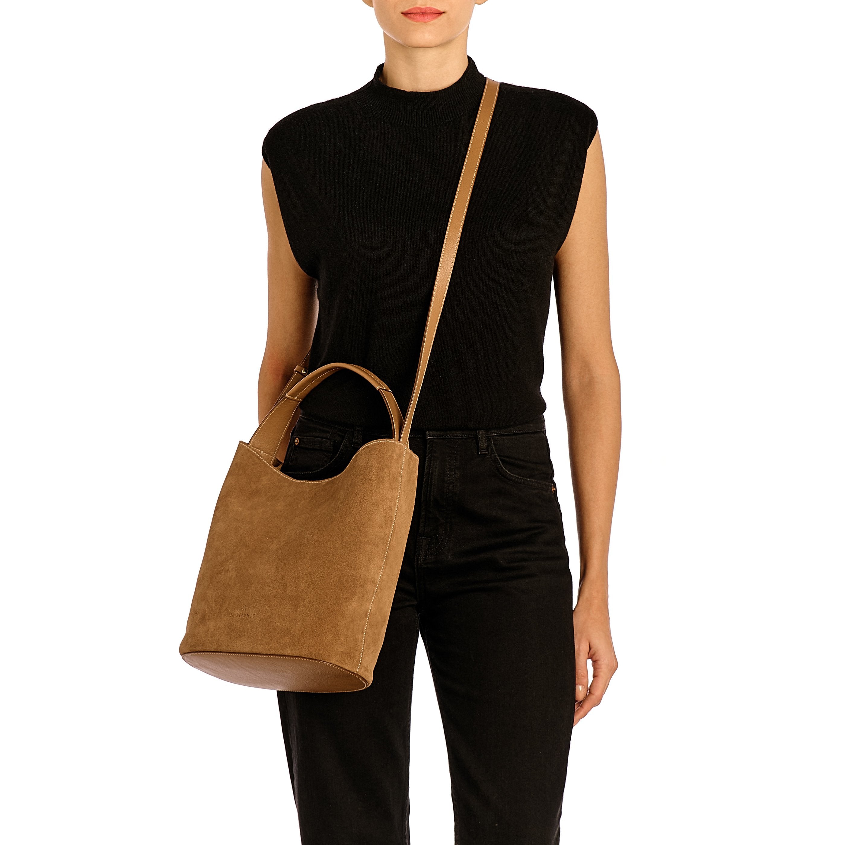 Le laudi | Borsa a secchiello da donna in suede colore gianduia