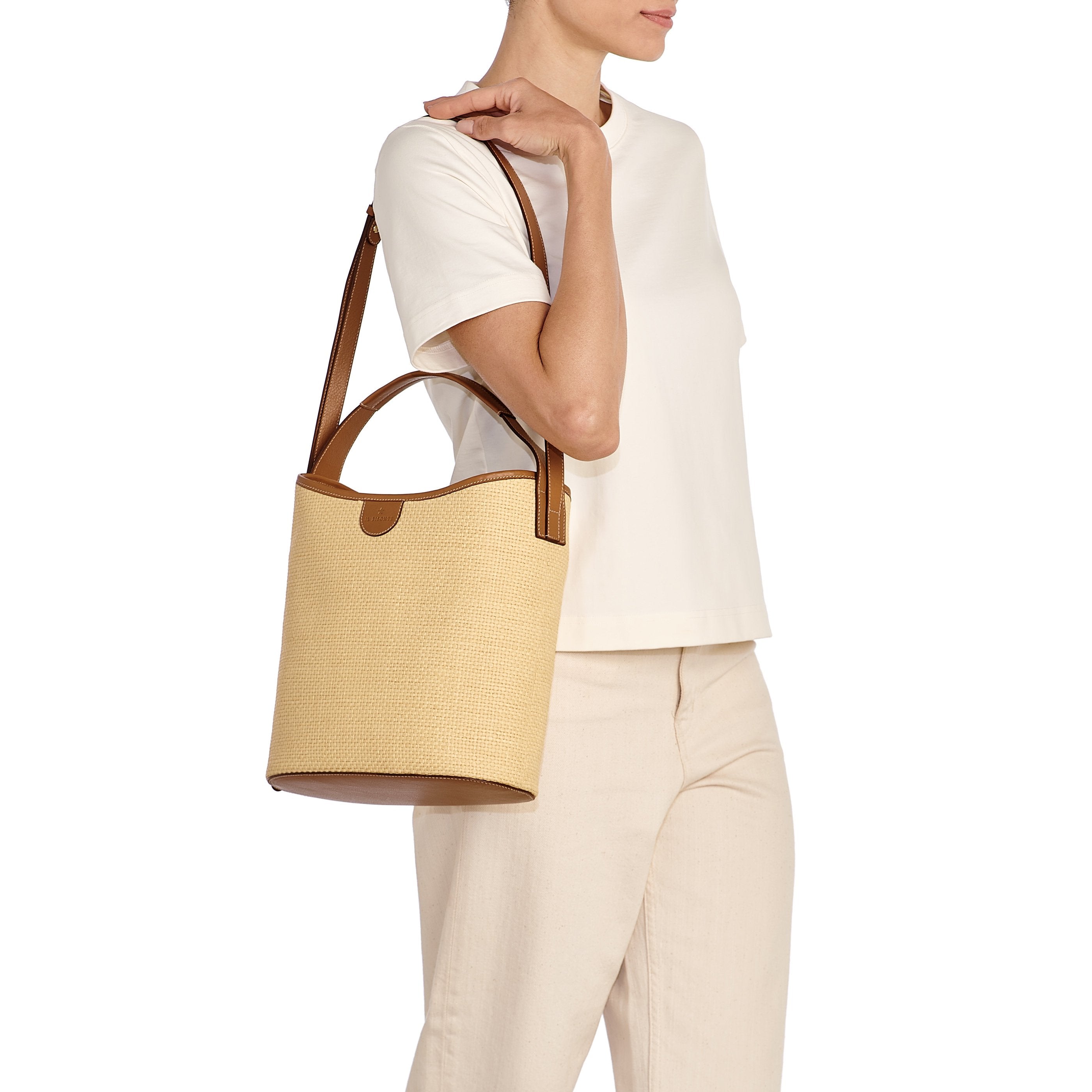 Raffia | Borsa a secchiello da donna in tessuto colore beige / gianduia