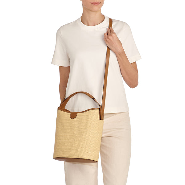 Raffia | Borsa a secchiello da donna in tessuto colore beige / gianduia