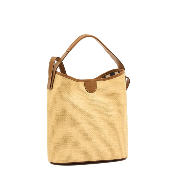 Raffia | Borsa a secchiello da donna in tessuto colore beige / gianduia