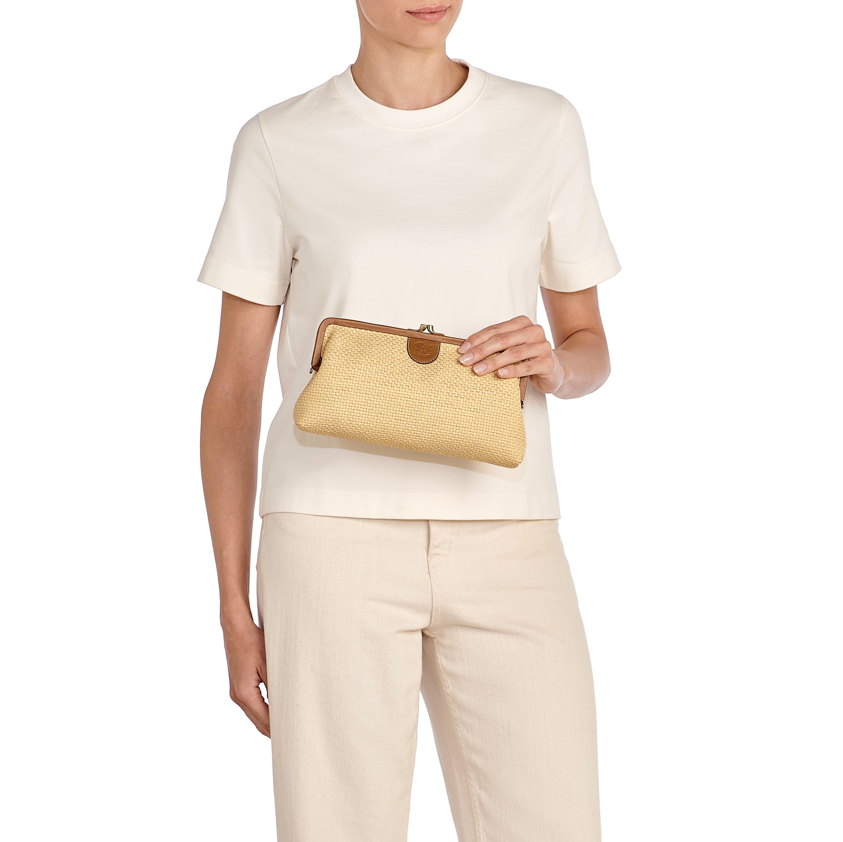 Raffia | Pochette da donna in tessuto colore beige / gianduia