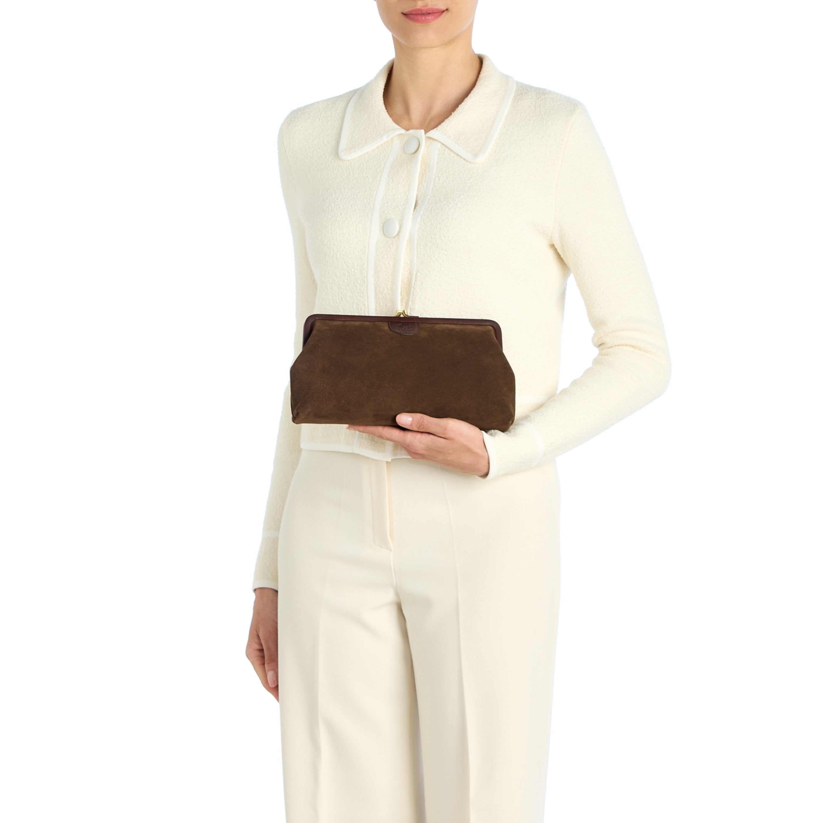 Women's clutch bag in suede color dark brown – Il Bisonte