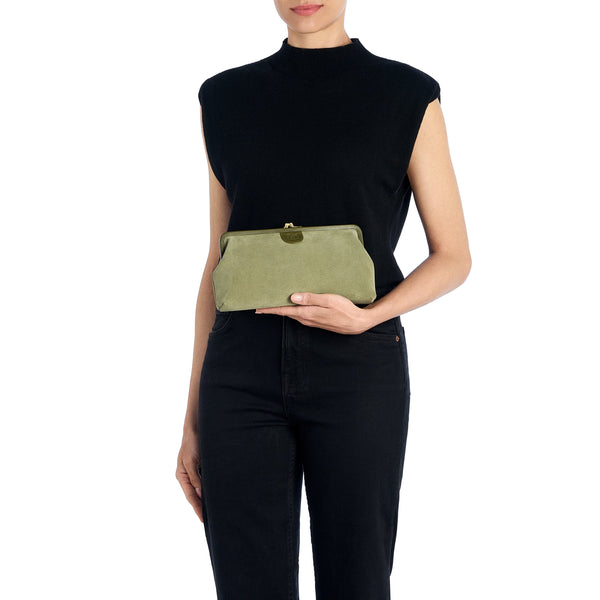 Women's clutch bag in suede color bamboo green
