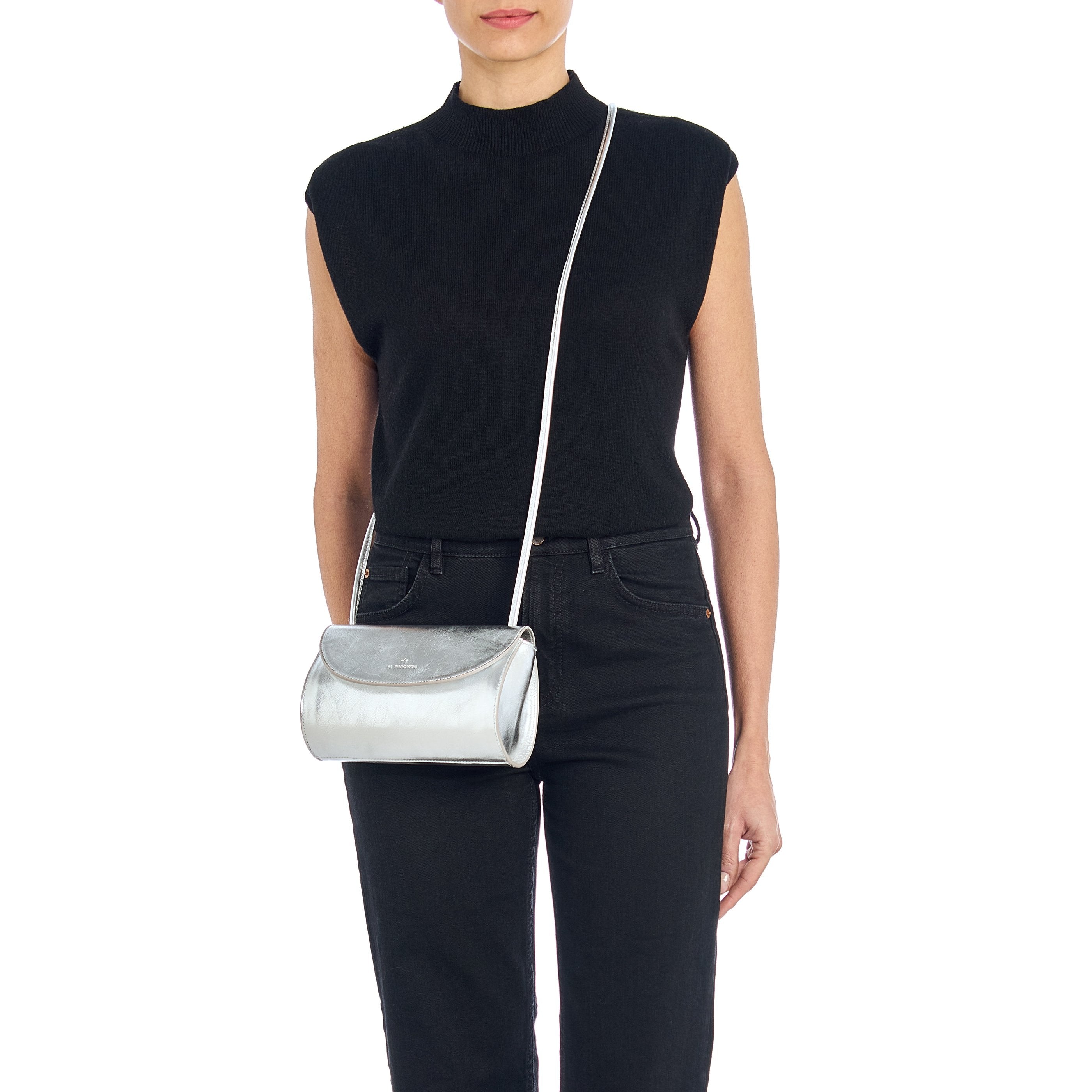 Linea 1978 | Women's crossbody bag in metallic leather color metallic silver — 
lifestyle view
 — 2 of 4