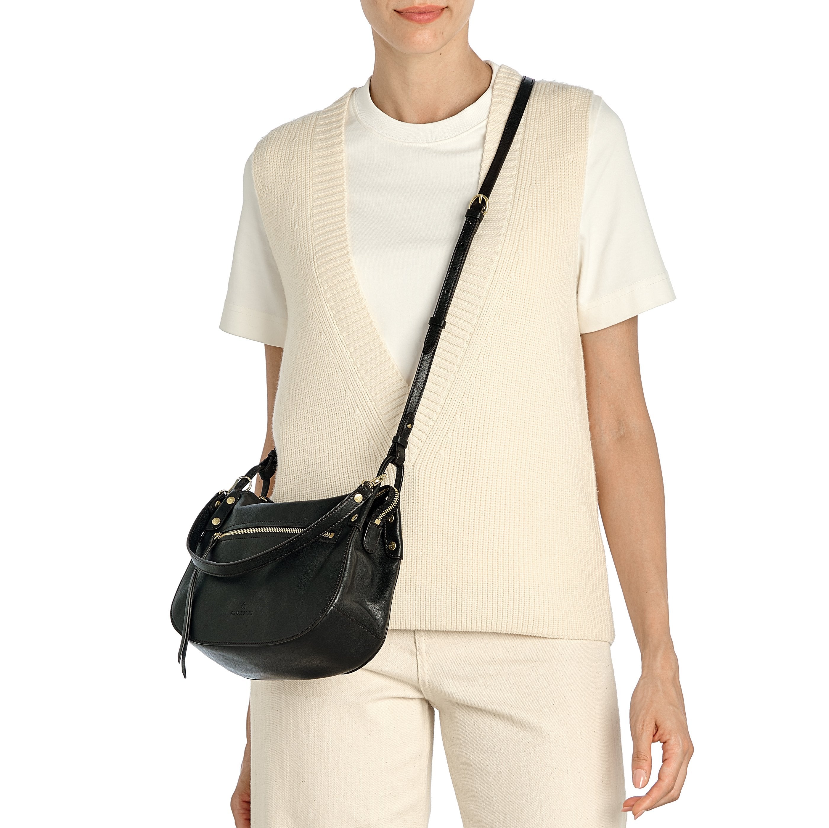 Essenza | Women's crossbody bag in vintage leather color black — 
lifestyle view
 — 2 of 8