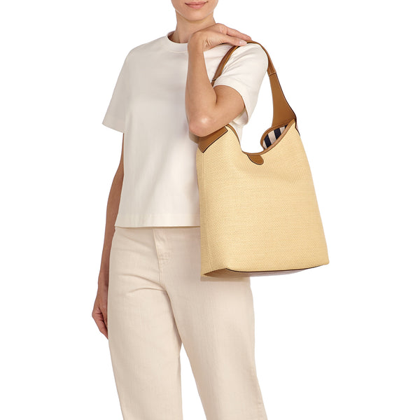 Raffia | Borsa a spalla da donna in tessuto colore beige / gianduia