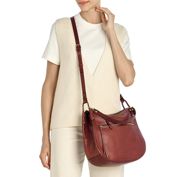 Essenza | Women's shoulder bag in vintage leather color sepia — 
lifestyle view
