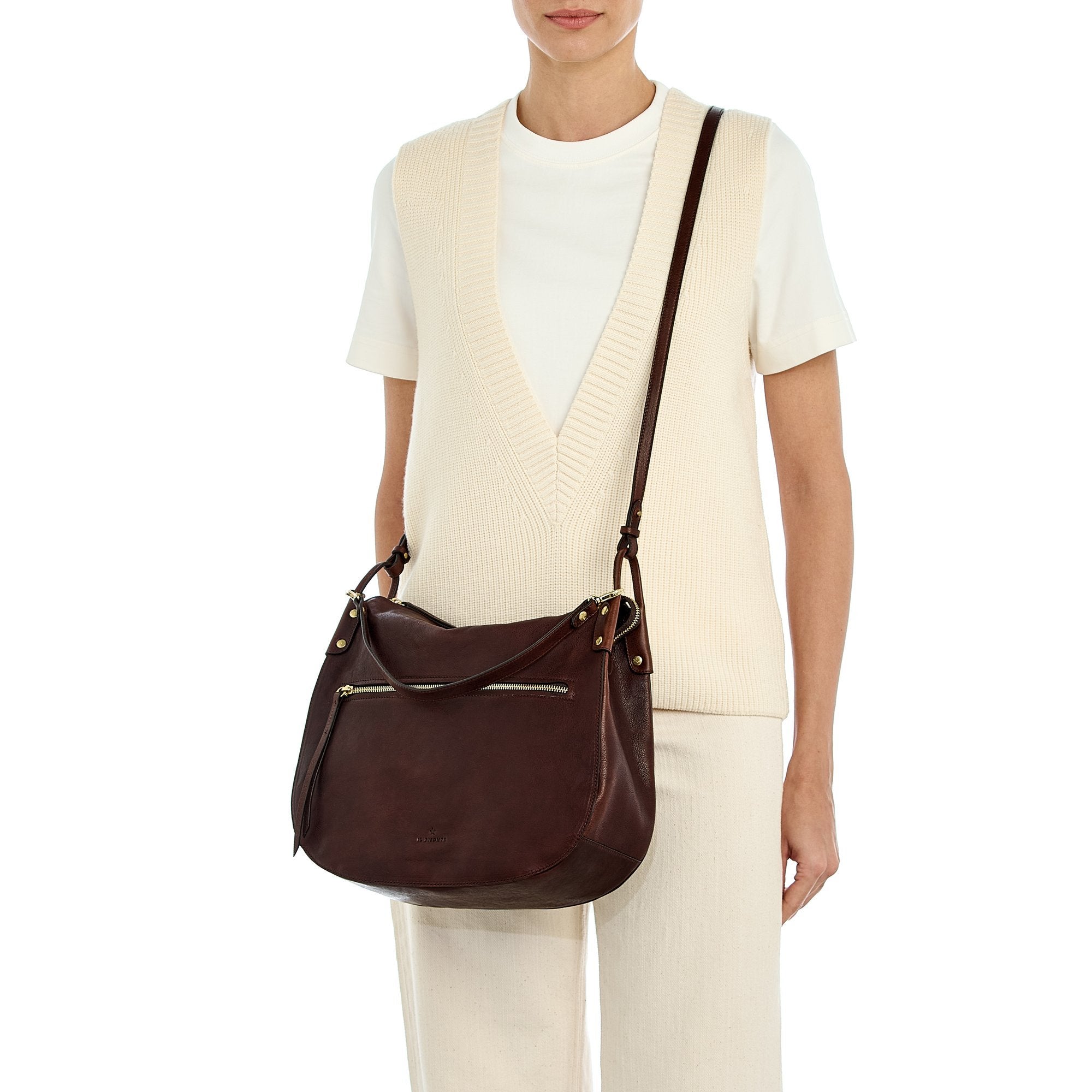 Essenza | Women's shoulder bag in vintage leather color coffee — 
lifestyle view
 — 2 of 8
