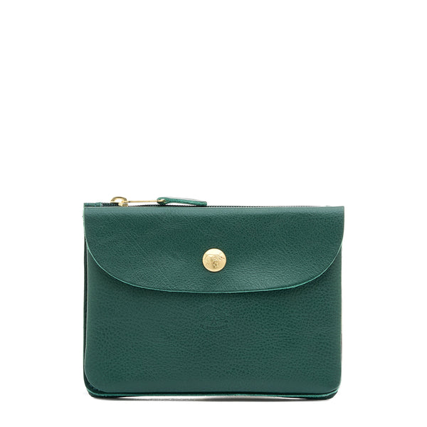 Pouch in leather color green oleandro — 
front view
