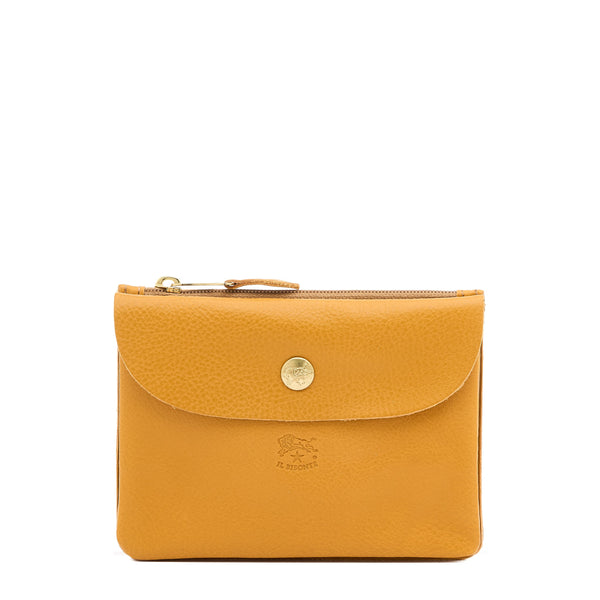 Pouch in leather color yellow narciso — 
front view
