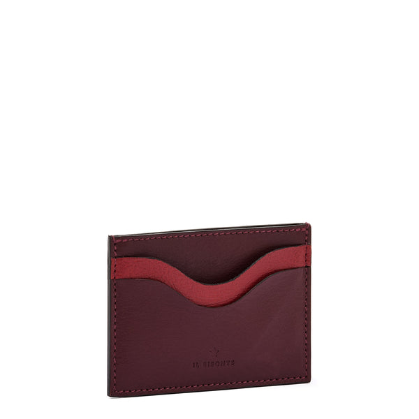 Duo | Card case in leather color black cherry/red — 
side view
