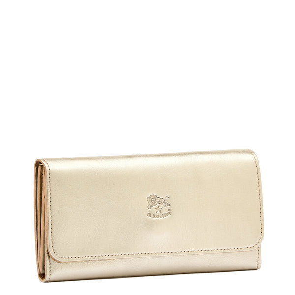 Women's continental wallet in metallic leather color metallic platinum — 
side view
