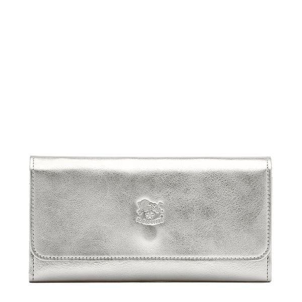 Women's continental wallet in metallic leather color metallic silver — 
front view
